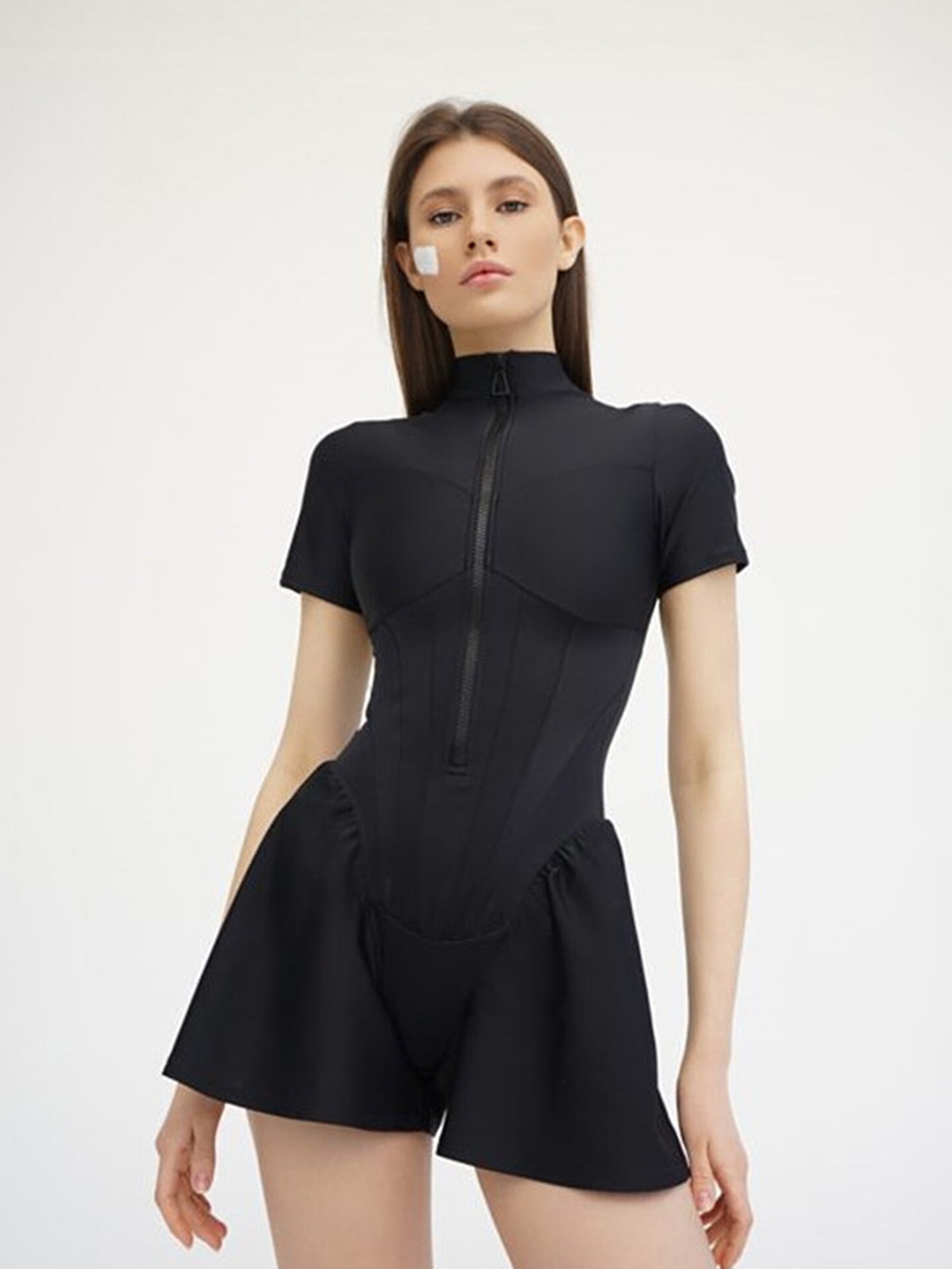 

LULU & SKY Wide Corset High Neck Zip-Fly Playsuit, Black