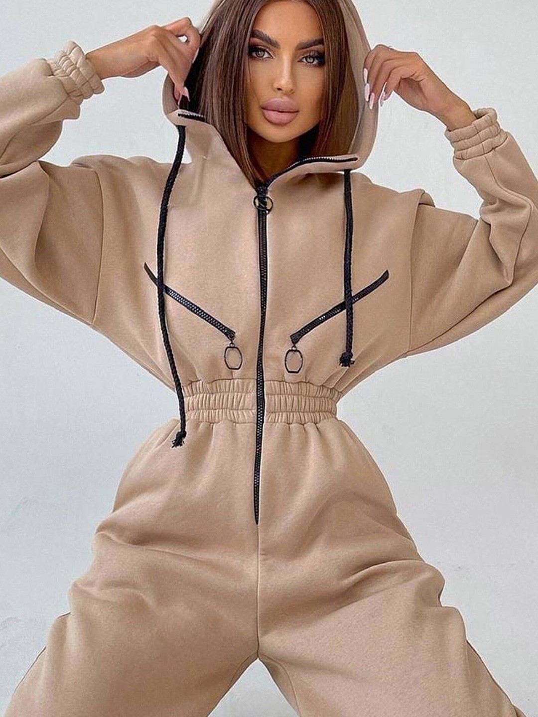 

LULU & SKY Hooded Basic Jumpsuit, Beige