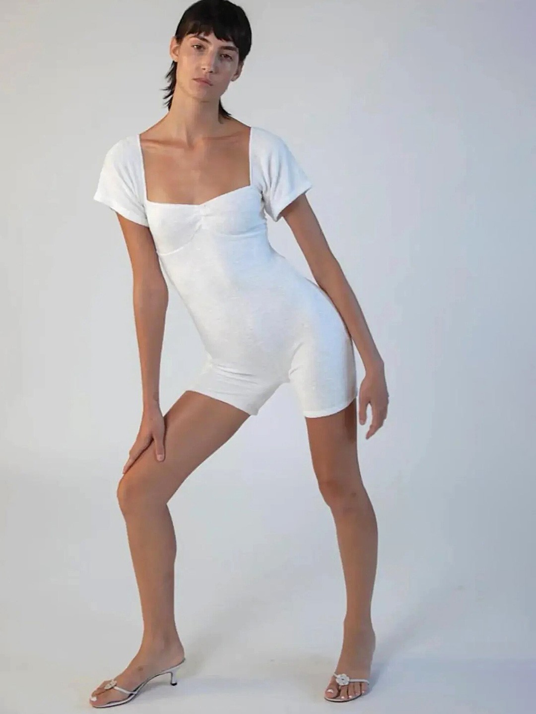 

LULU & SKY Square Neck Short Sleeves Cut Out Playsuit, White