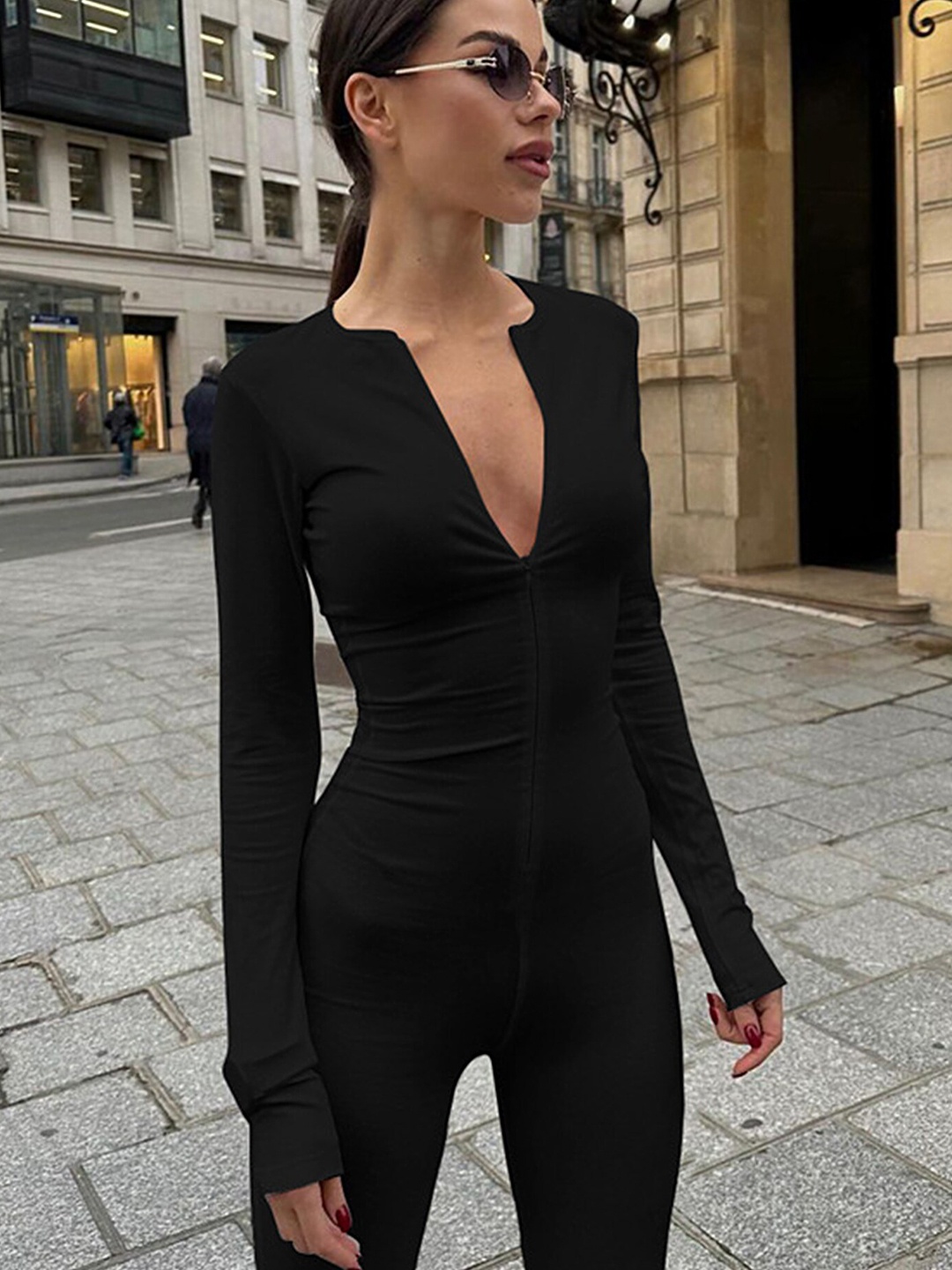 

LULU & SKY Round Neck Front Zipper Basic Jumpsuit, Black