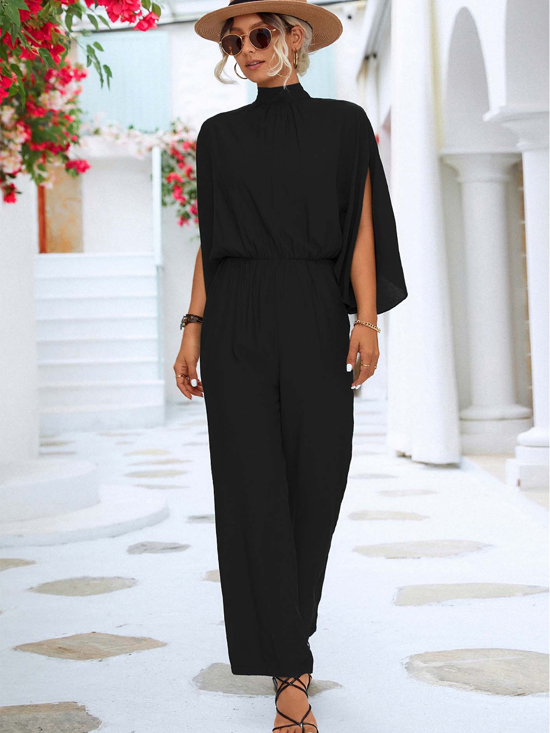 

LULU & SKY High Neck Three-Quarter Sleeve Tie-Ups Basic Jumpsuit, Black