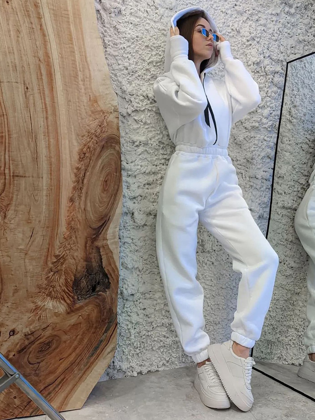 

LULU & SKY Hooded Neck Long Sleeve Zip Closure Jumpsuit, White