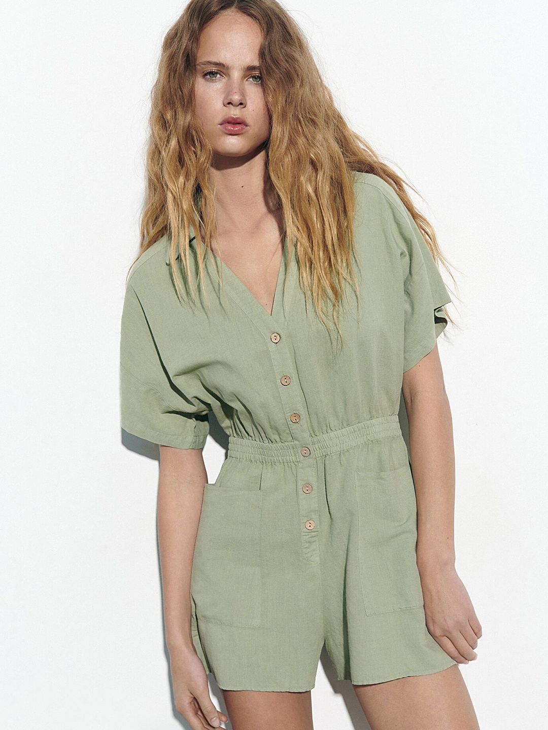 

LULU & SKY V-Neck Oversized Pockets Playsuit, Green