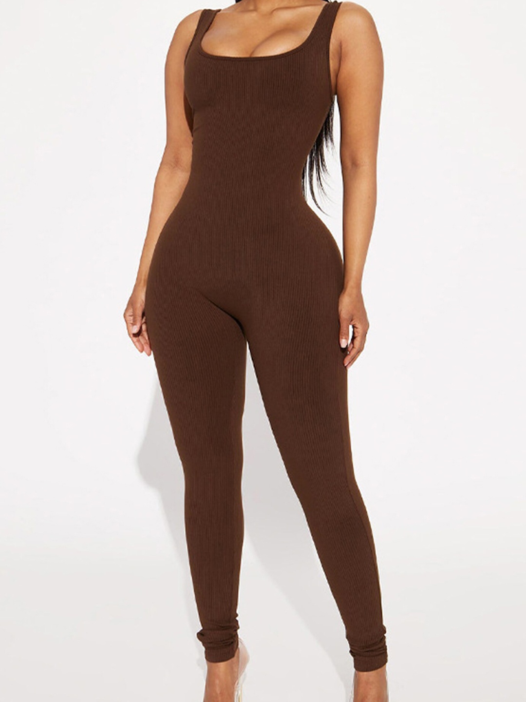 

LULU & SKY Ribbed Scoop Neck Basic Jumpsuit, Brown