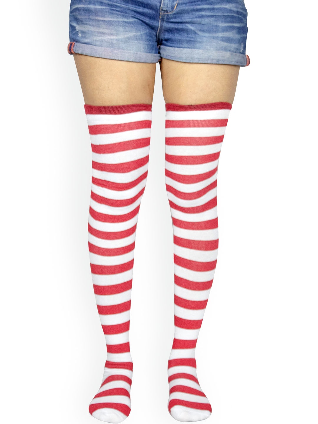 

BAESD Striped Cotton Thigh-High Stockings, Red