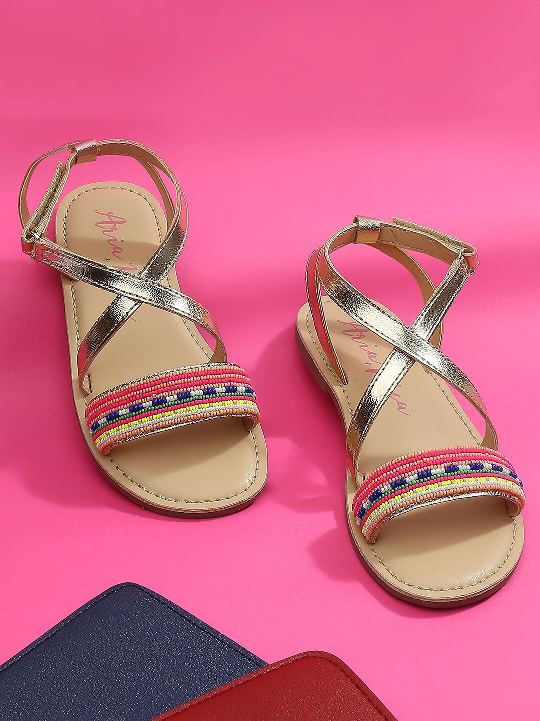 

Aria Nica Girls Embellished Open Toe Flats With Velcro, Gold