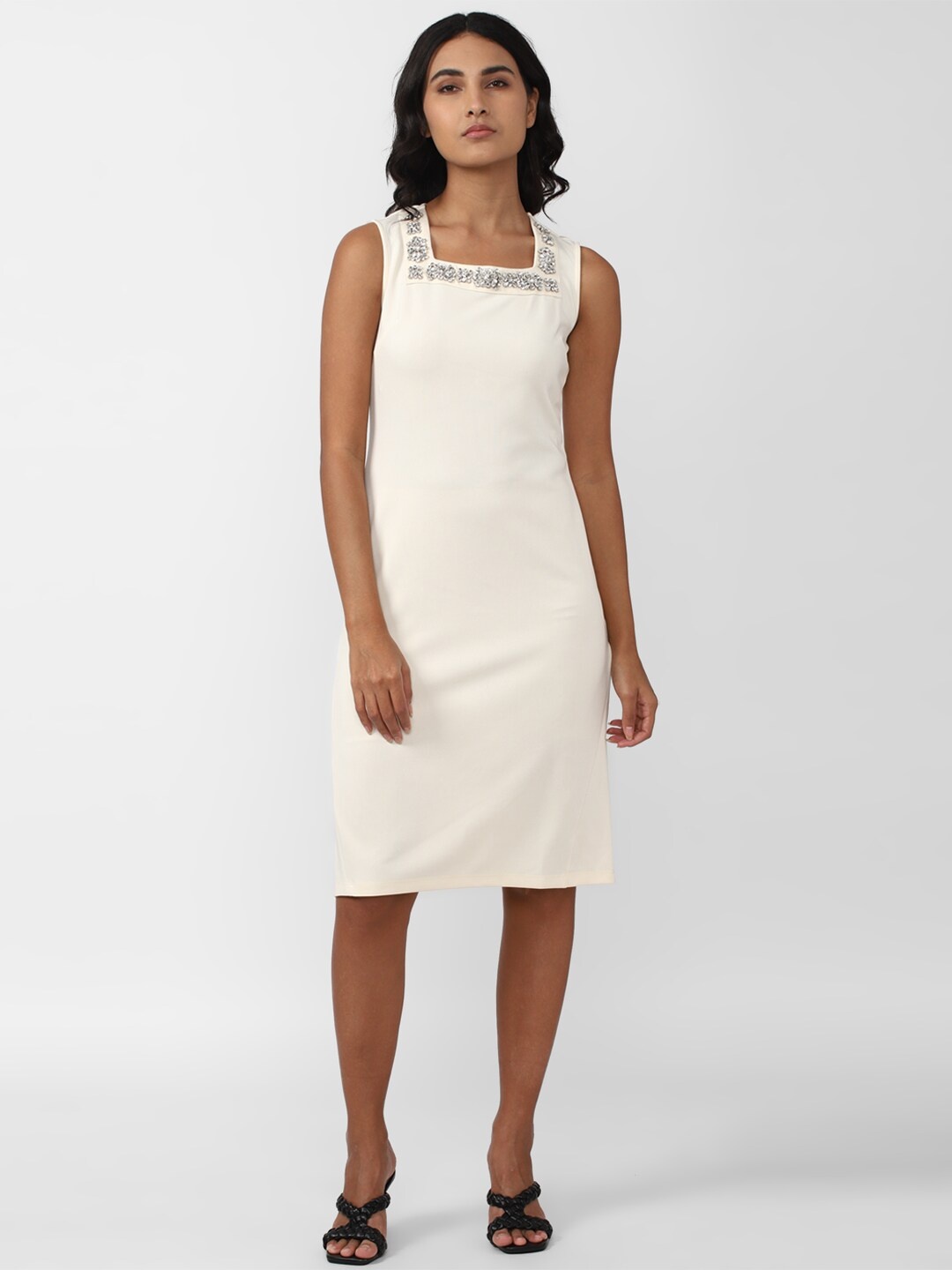 

Van Heusen Woman Embellished Square Neck Sleeveless Sheath Knee Length Dress, Cream