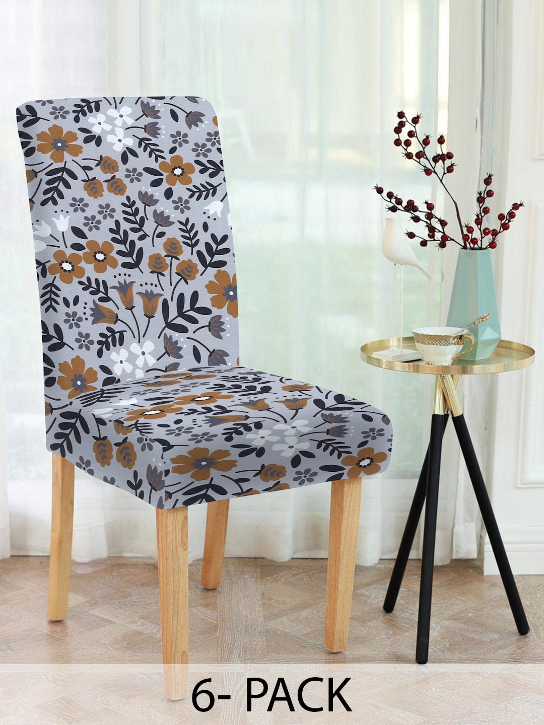 

Slushy Mushy Grey & Black Floral 6 Pieces Floral Printed Chair Cover