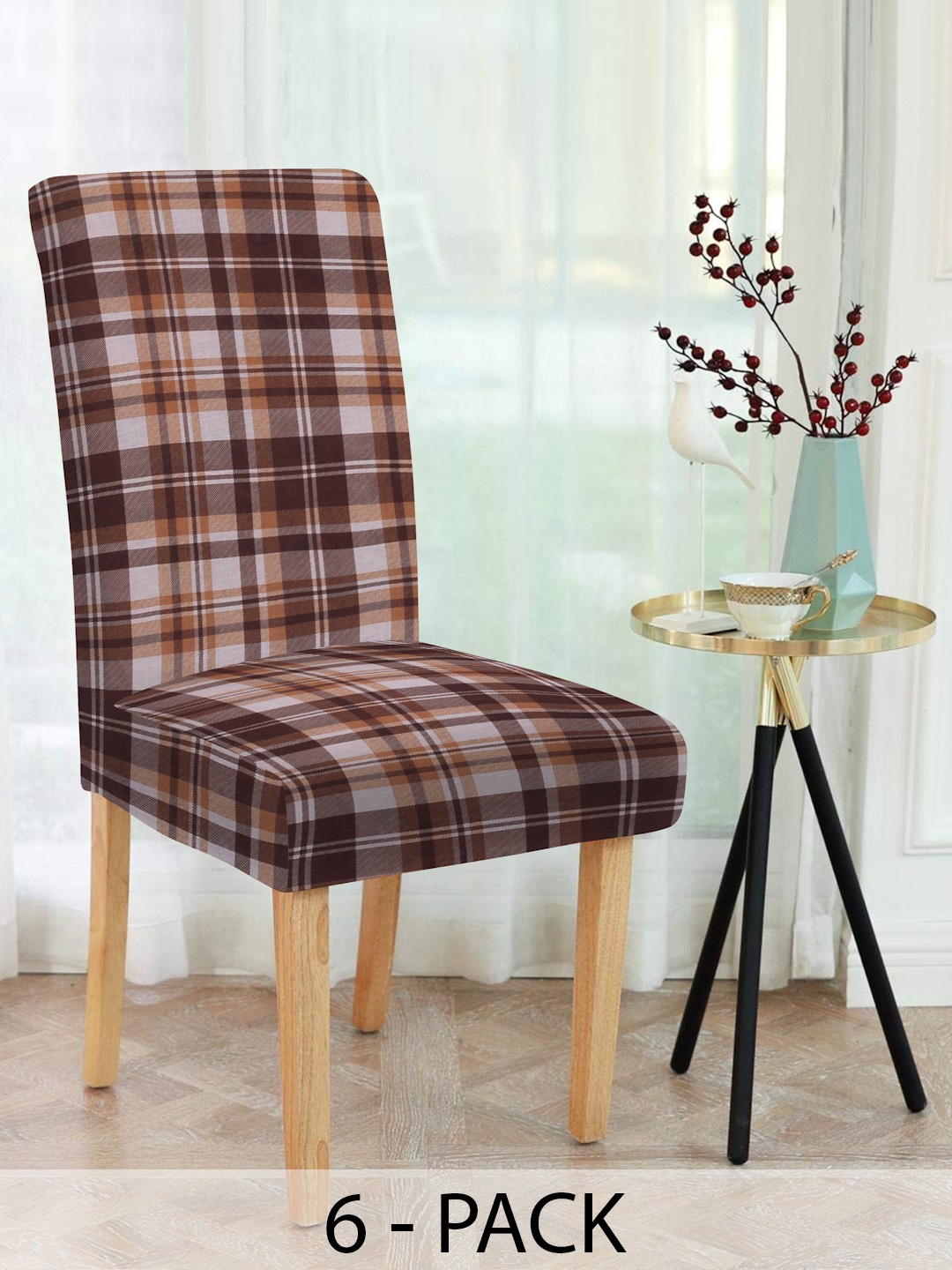 

Slushy Mushy Brown White 6 Pieces Check Printed Chair Covers