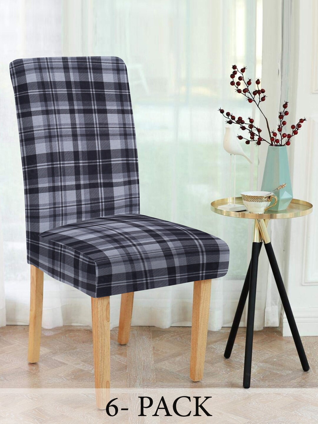 

Slushy Mushy Grey Black 6 Pieces Check Printed Chair Covers