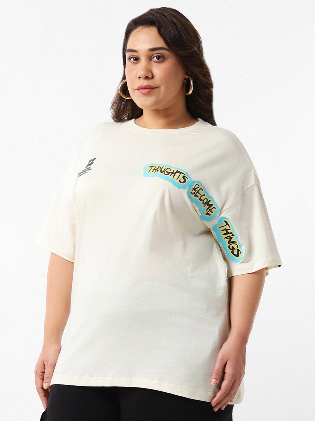 

Bewakoof Plus White Typography Printed Drop-Shoulder Longline Cotton Oversized T-shirt