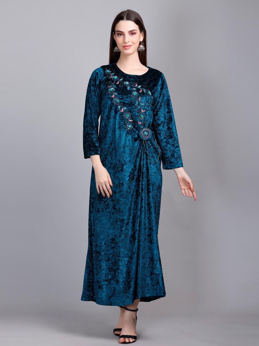 

VELVTINE Blue Woollen Embroidered Woollen Velvet A-Line Maxi Dress
