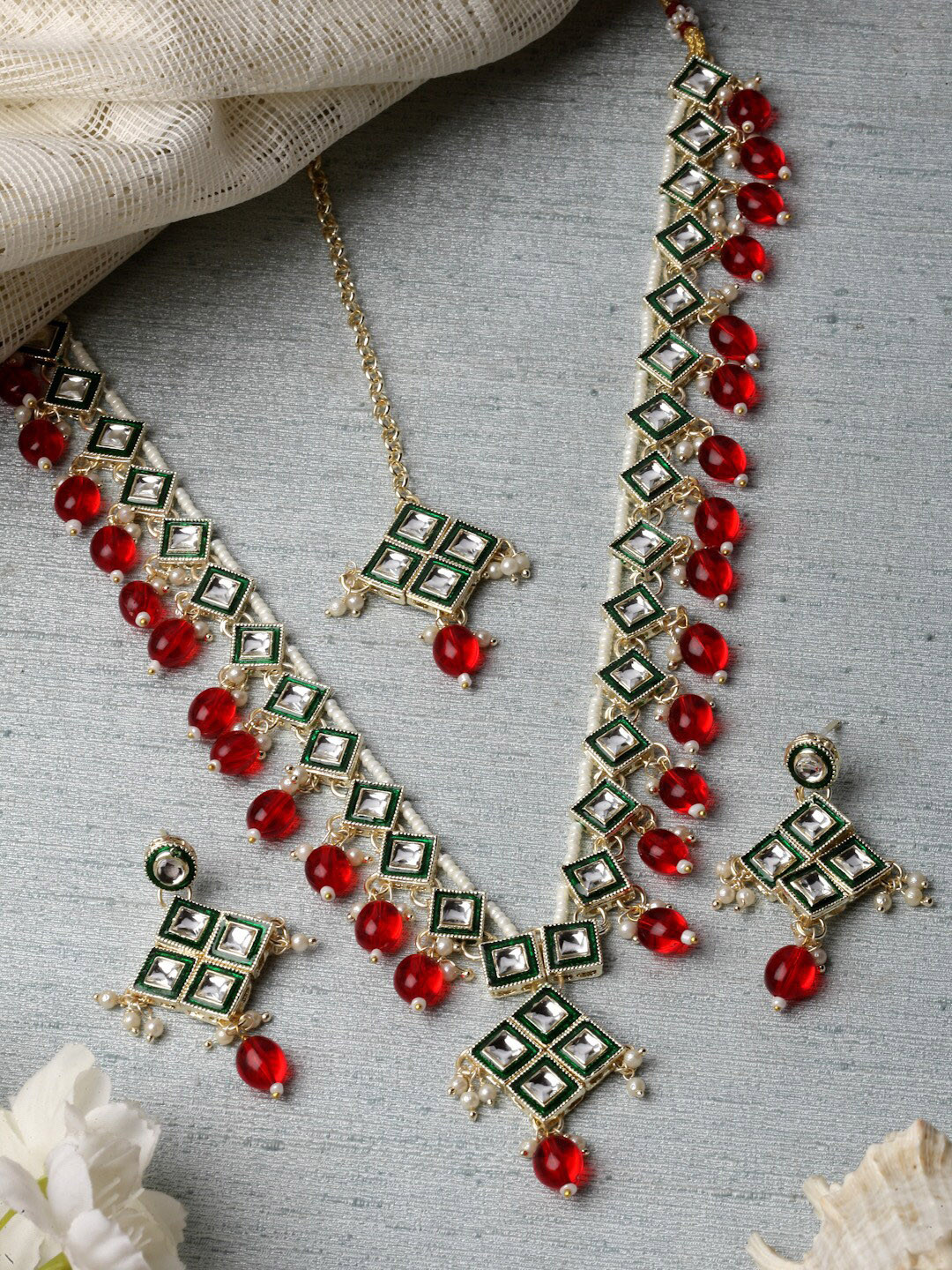 

Sukkhi Gold-Plated Kundan-Studded & Beaded Jewellery Set, Red