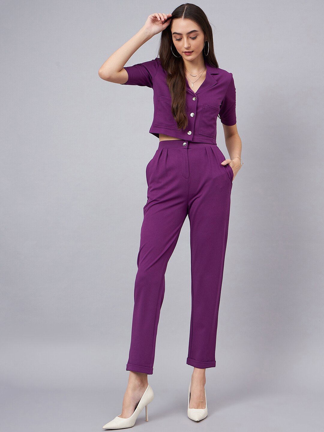 

Chemistry Notched Lapel Collar Crop Top With Trouser, Purple