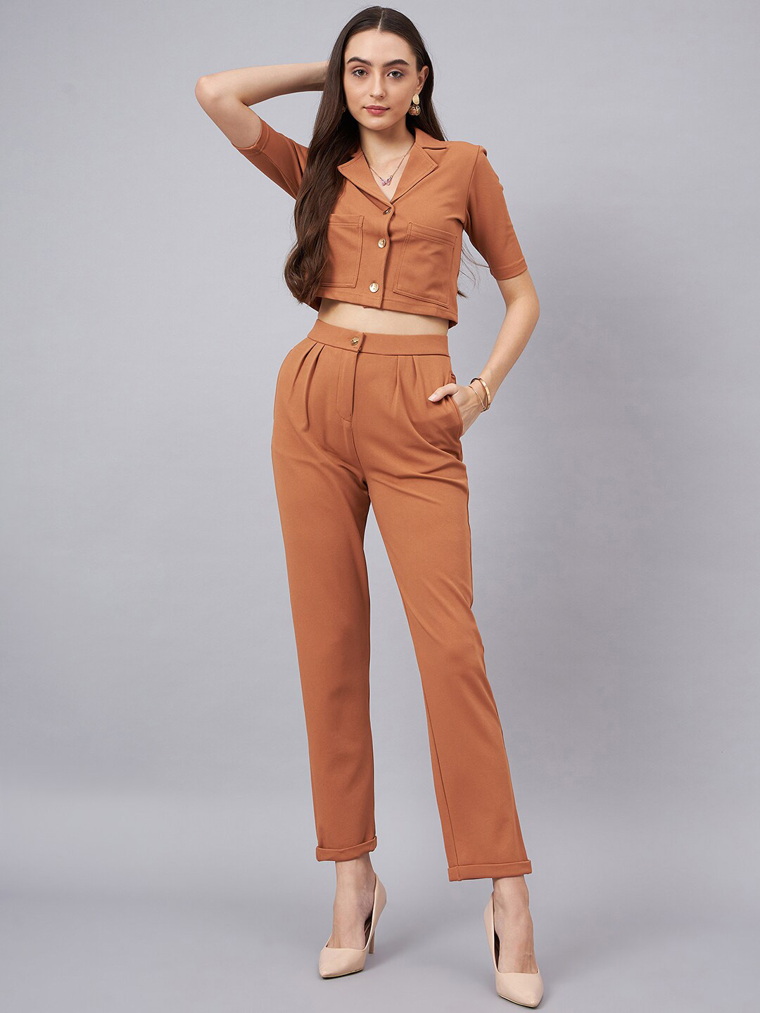 

Chemistry Notched Lapel Collar Crop Top With Trouser, Brown