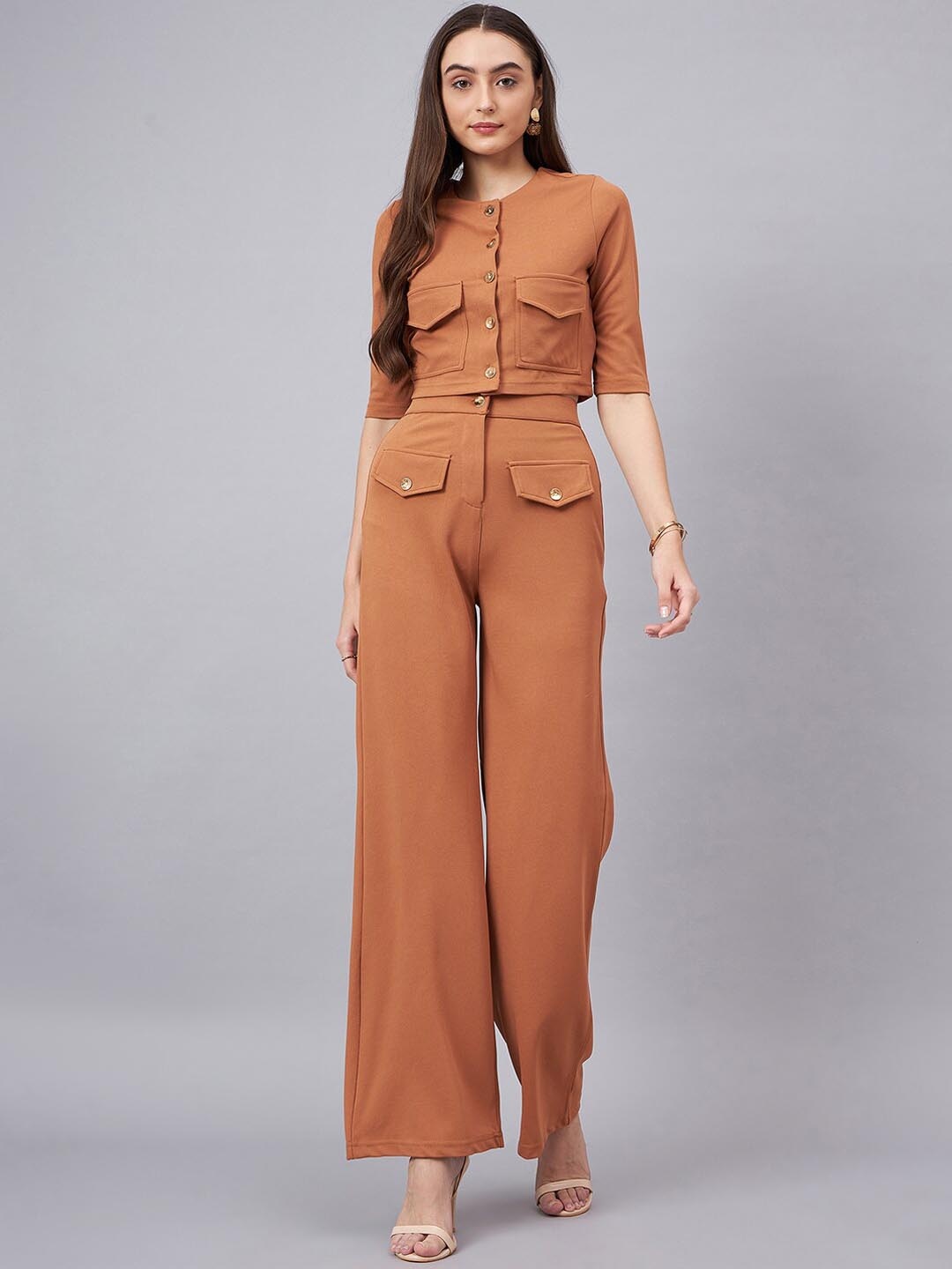 

Chemistry Round Neck Crop Top With Trouser, Brown