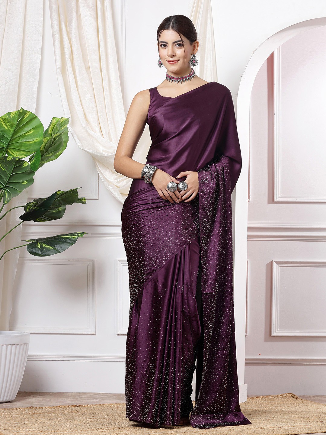 

SIRIL Purple Polka Dot Sequinned Saree
