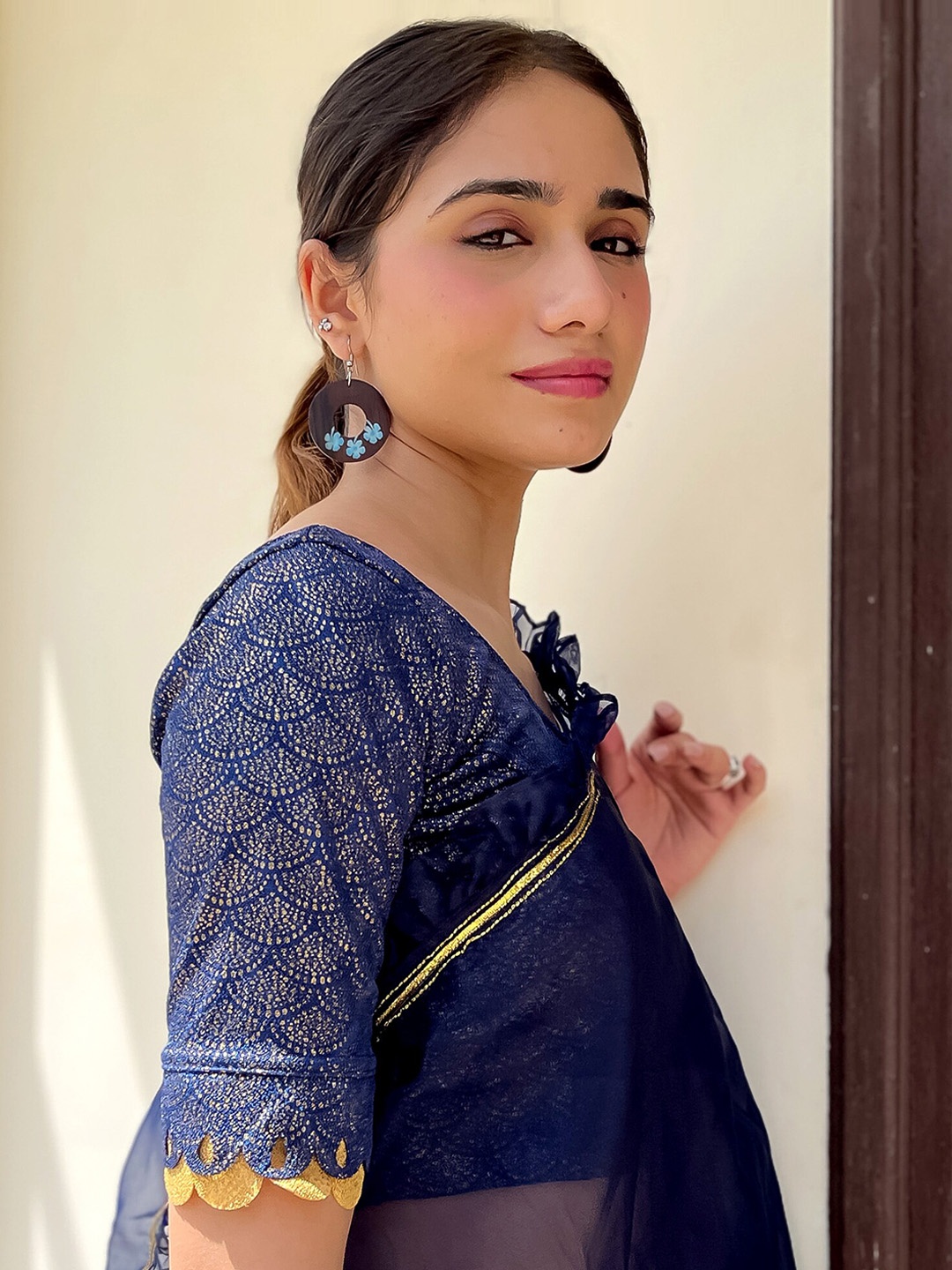 

Bindigasm's Advi Printed Jacquard Stretchable Saree Blouse, Navy blue