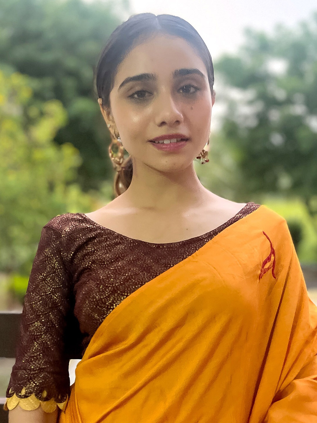

Bindigasm's Advi Embellished Jacquard Stretchable Saree Blouse, Coffee brown