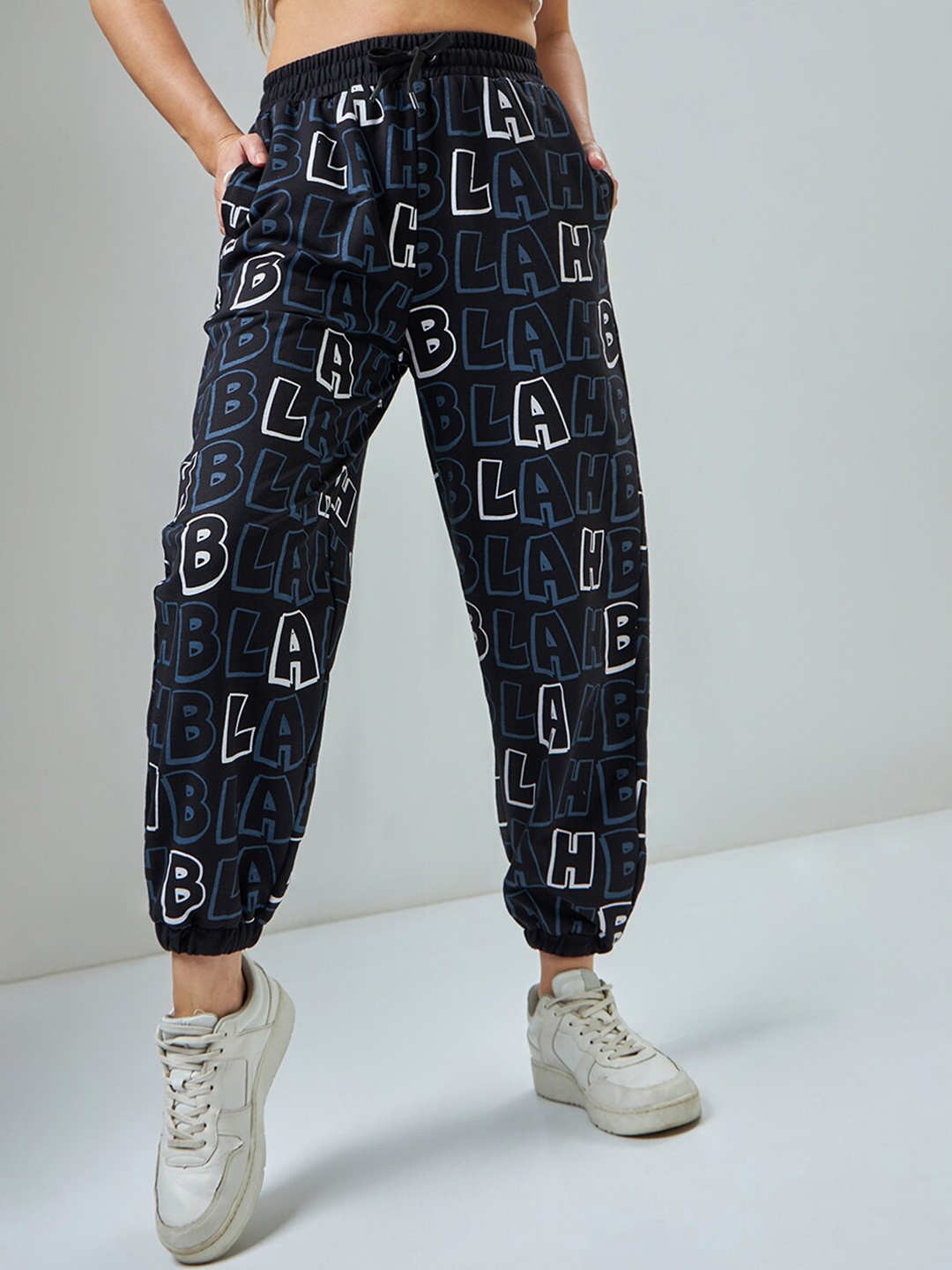 Bewakoof Black Relaxed-Fit Typography Printed Cotton Oversized Joggers