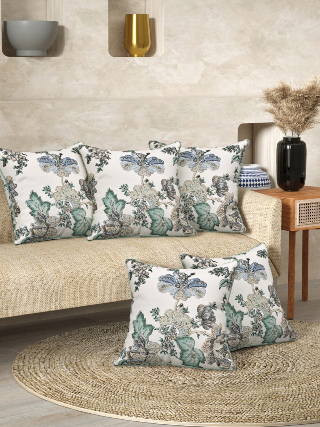 

EasyGoods Anokhi Blue Set Of 3 Floral Printed Cotton Square Cushion Covers, Green