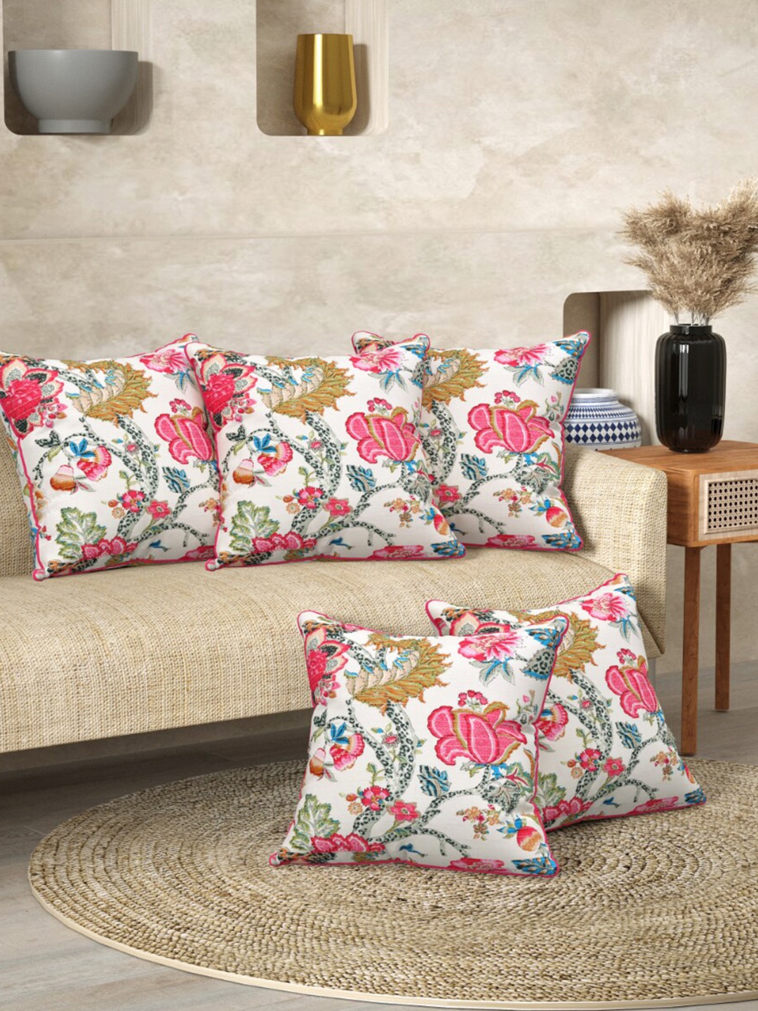 

EasyGoods Anokhi Red Set Of 2 Floral Printed Cotton Square Cushion Covers