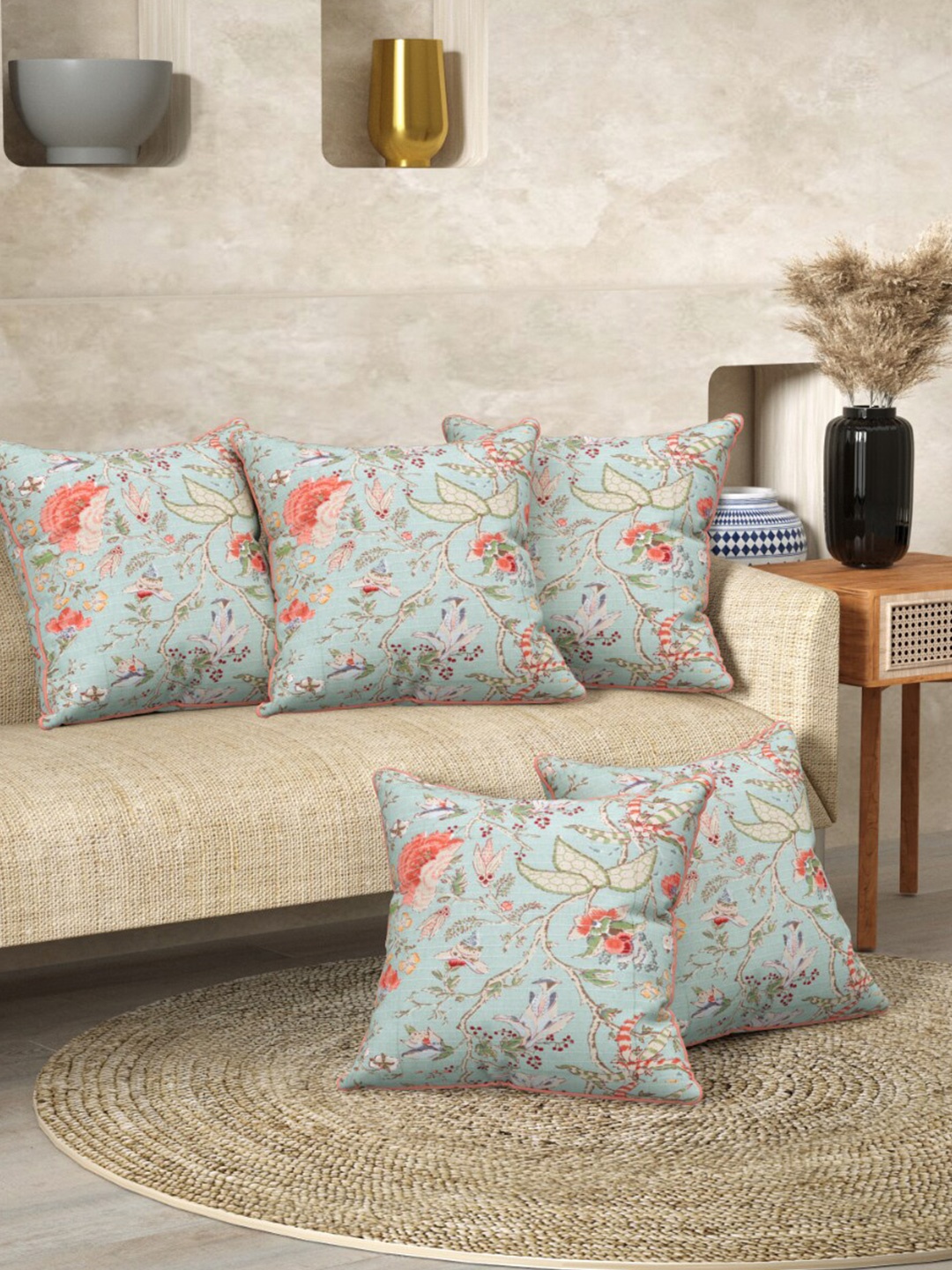 

EasyGoods Green Set of 5 Floral Square Cushion Covers