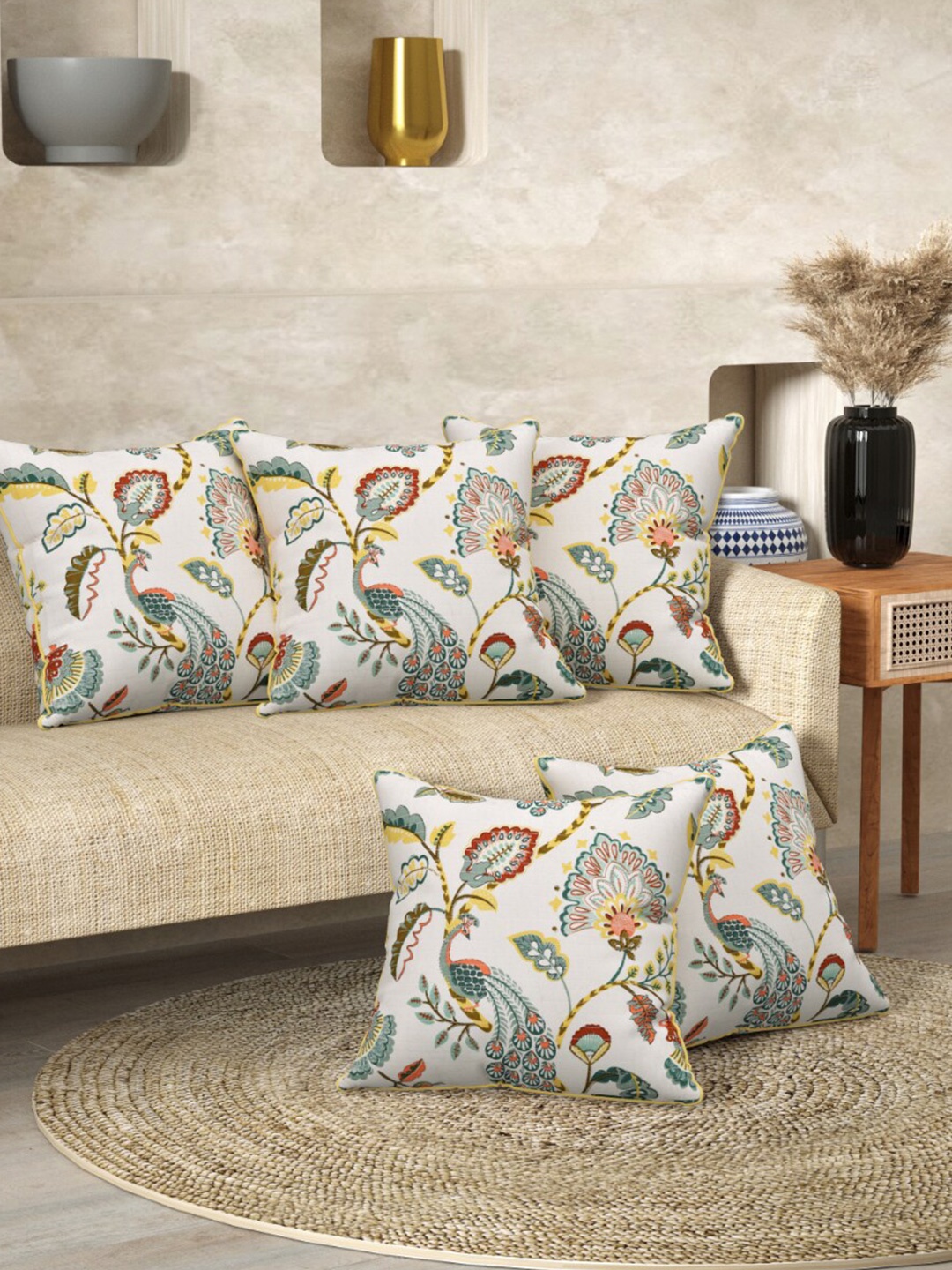 

EasyGoods White & Yellow 5 Pieces Floral Cotton Square Cushion Covers