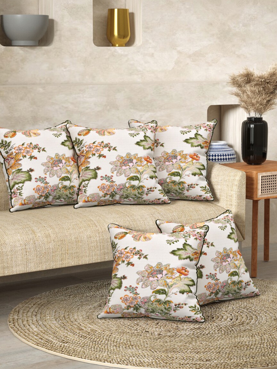

EasyGoods Anokhi White & Green Set Of 3 Floral Printed Cotton Square Cushion Covers