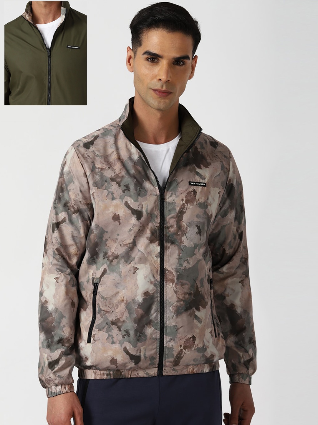 

Van Heusen Flex Abstract Printed Mock Collar Reversible Bomber Jacket, Green