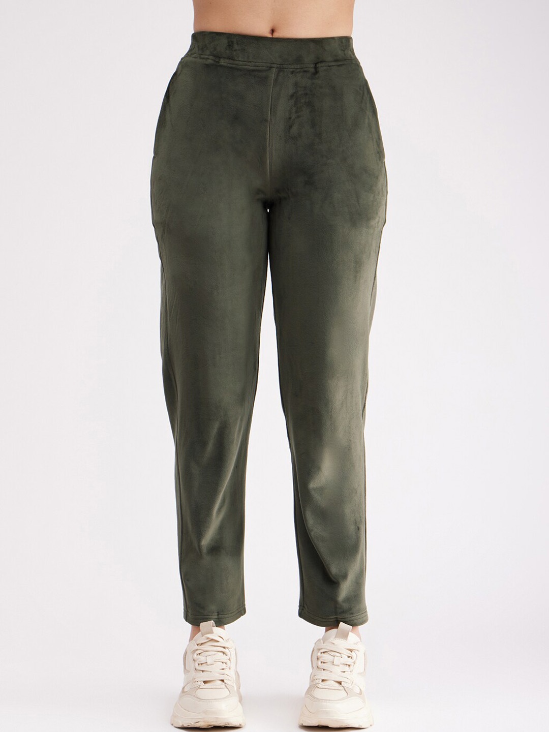 

FableStreet Women Straight Fit High-Rise Cotton Trousers, Olive