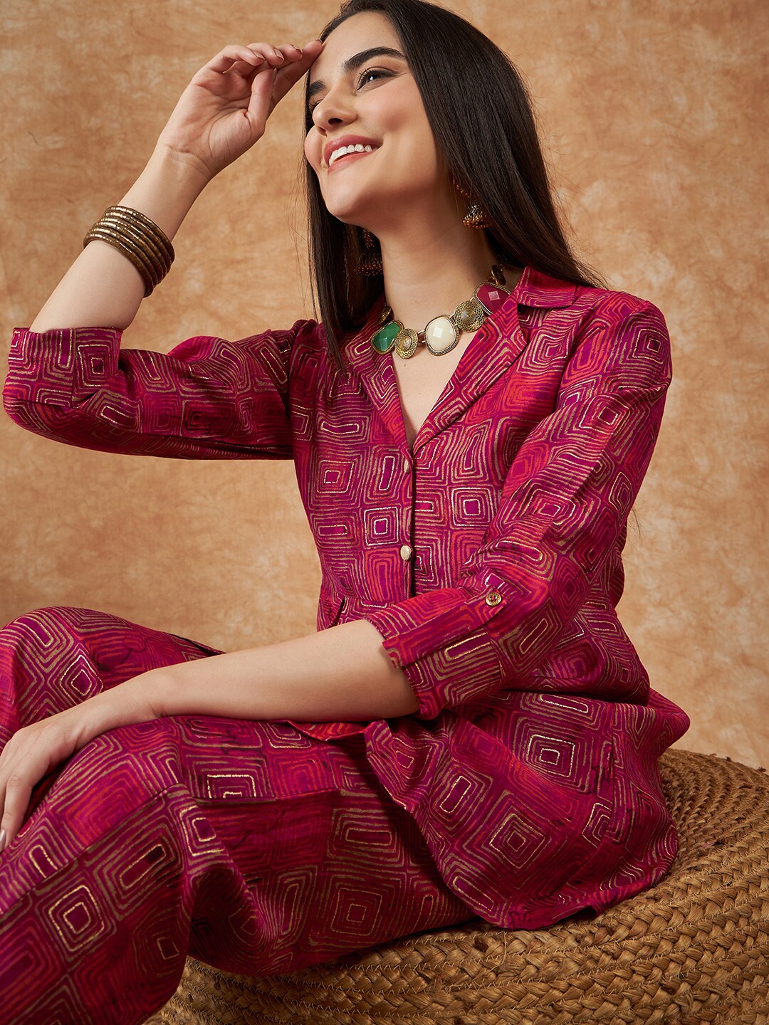 

Sangria Geometric Printed Tunic With Trouser, Magenta