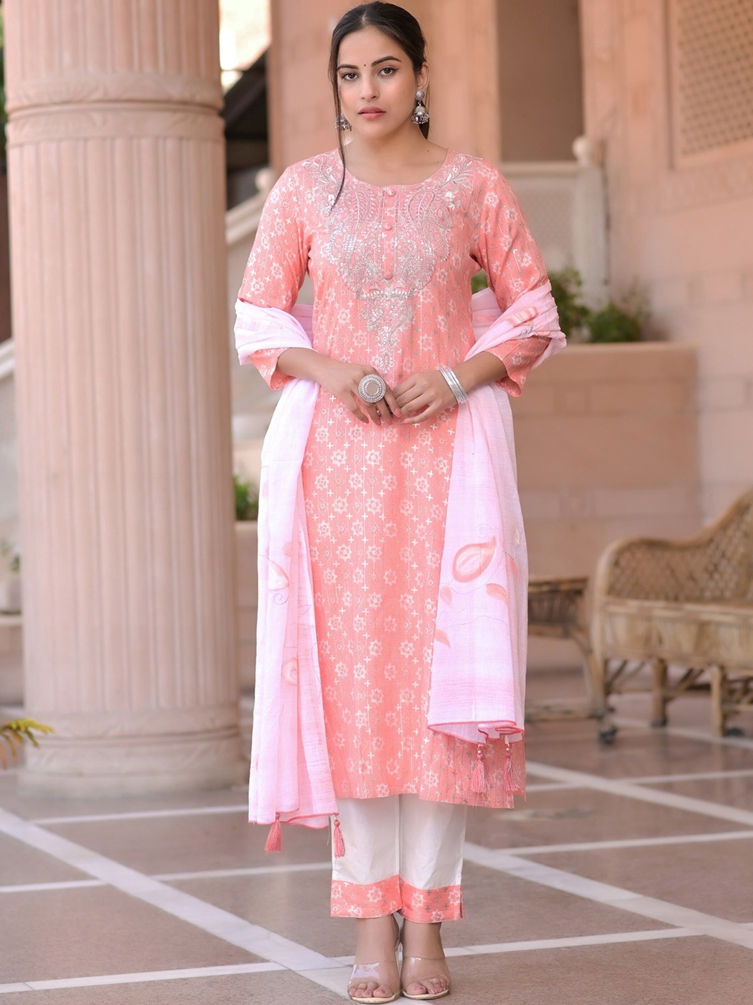 

AARYAHI Ethnic Motifs Printed Sequinned Pure Cotton Straight Kurta With Trousers & Dupatta, Pink