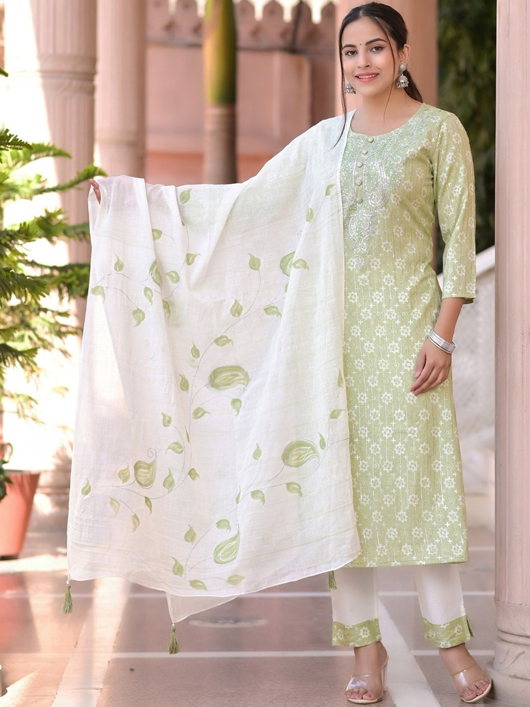 

AARYAHI Ethnic Motifs Printed Sequinned Pure Cotton Straight Kurta With Trousers & Dupatta, Green