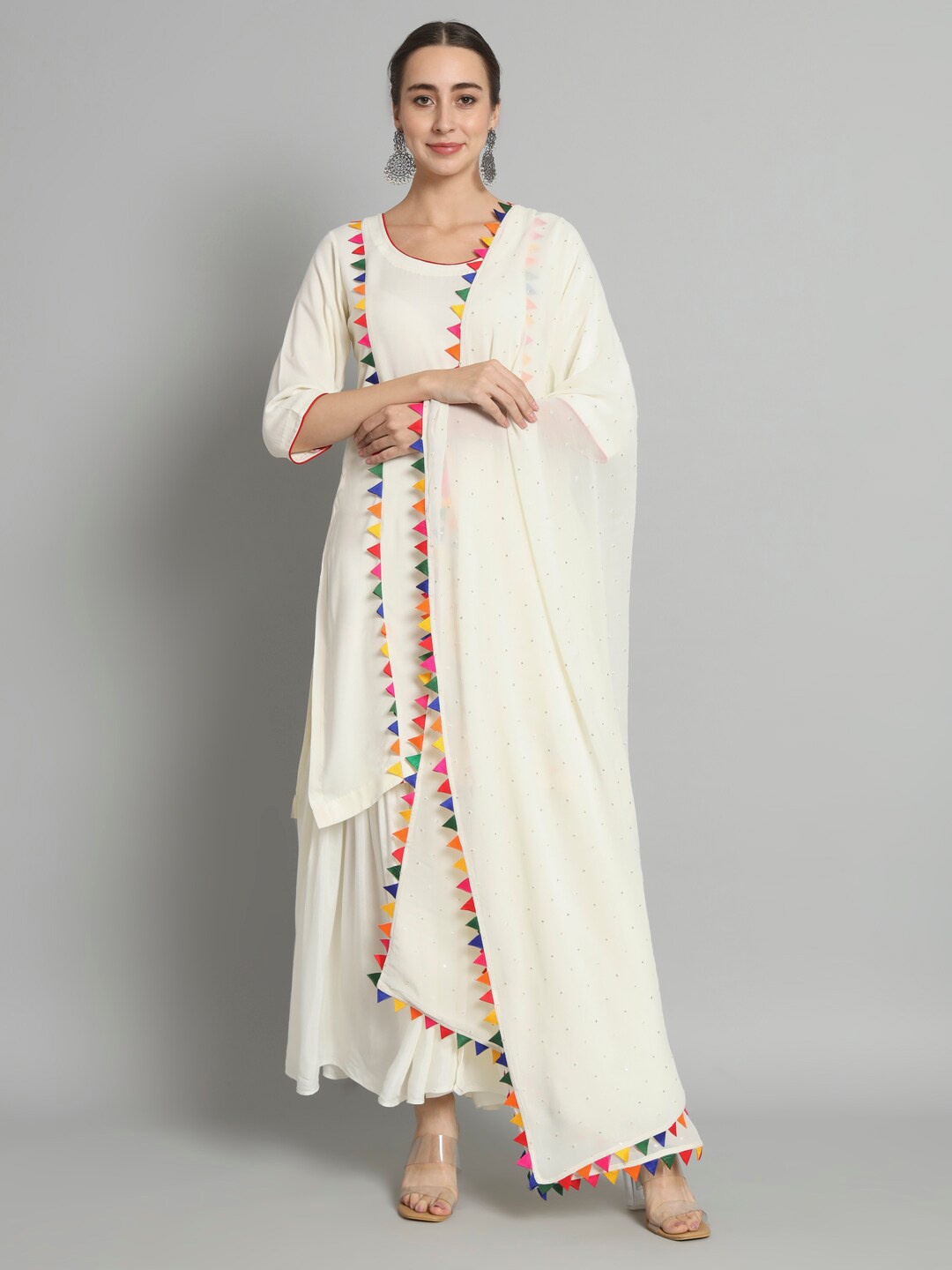 

Trinjann Regular Chanderi Silk Kurti with Sharara & With Dupatta, Off white