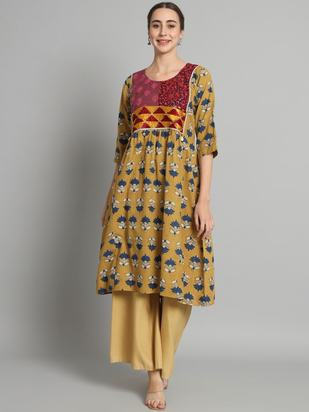 

Trinjann Floral Printed Sequined A-Line Kurta, Mustard