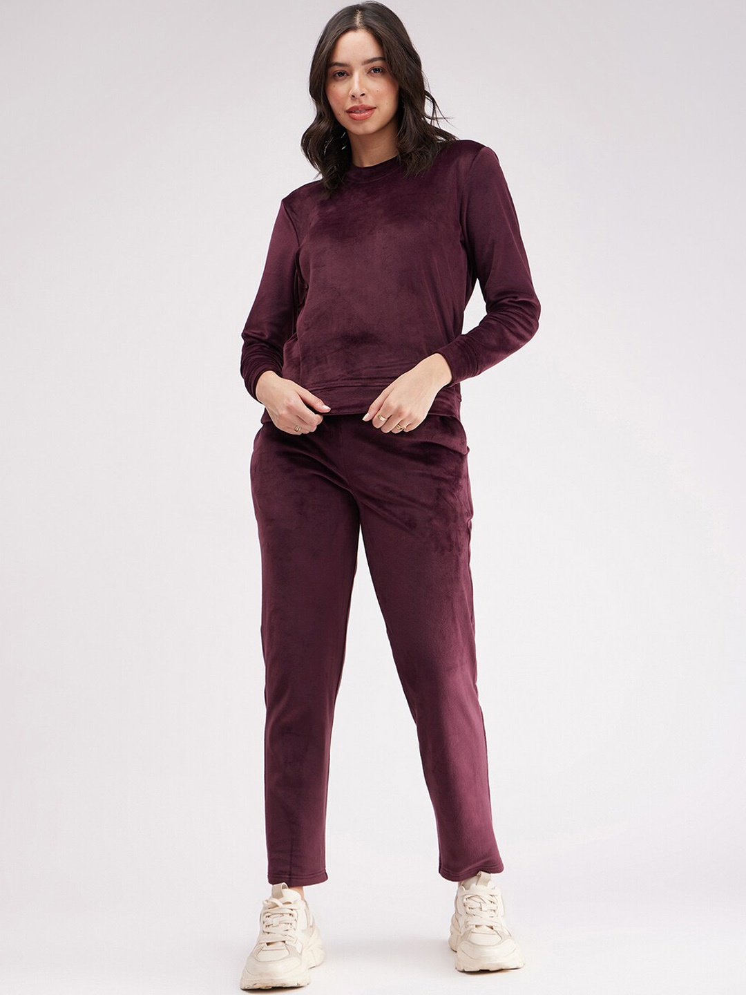 

FableStreet Mid-Rise Velvet Fleece Sweatshirt & Trackpant, Maroon