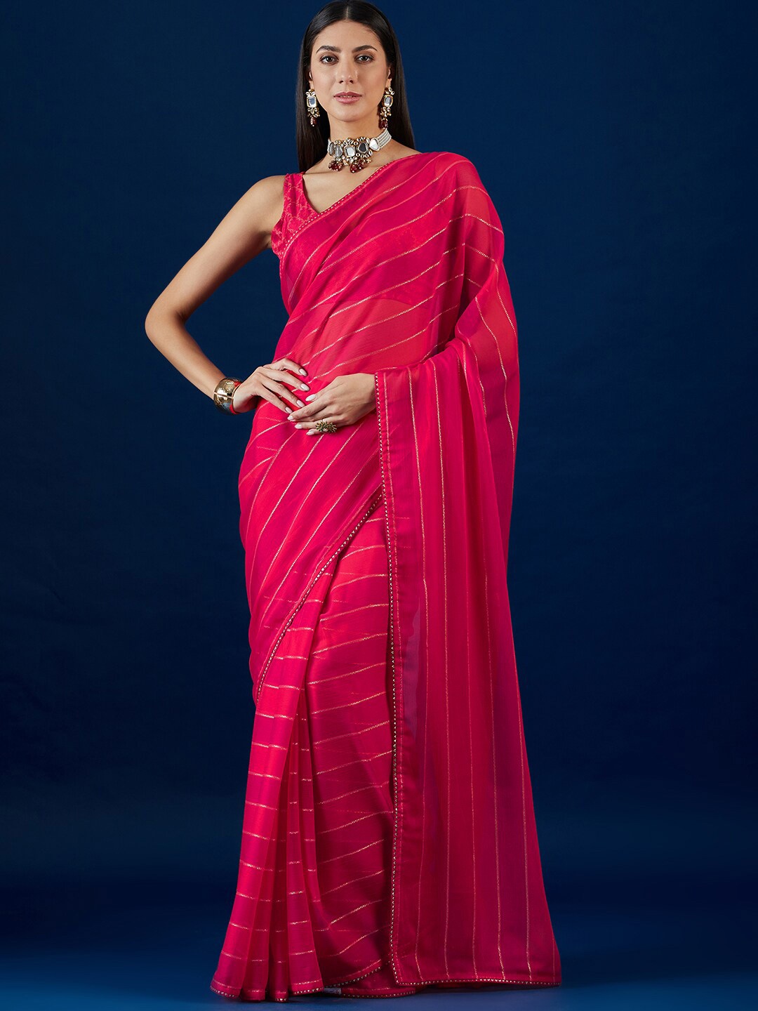 

Anouk Red Striped Gotta Patti Pure Chiffon Saree