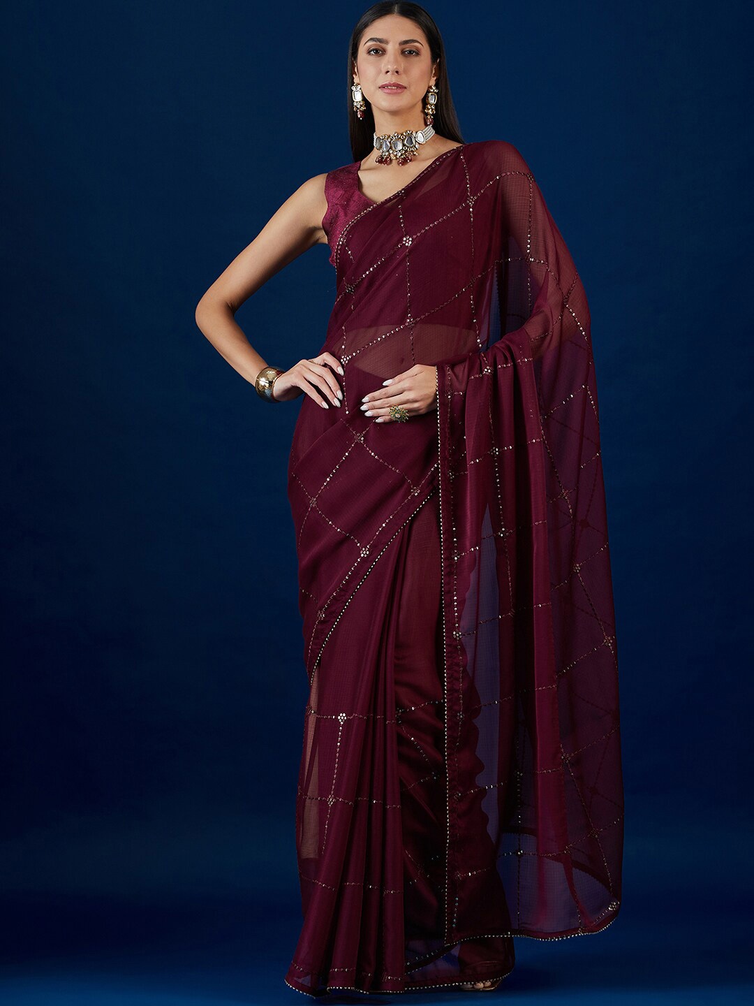 

Anouk Maroon Embellished Sequinned Pure Chiffon Saree