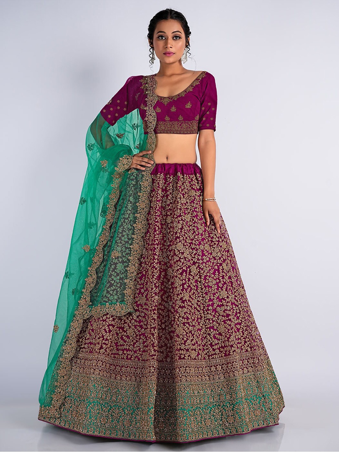 

HALFSAREE STUDIO Embellished Net Semi-Stitched Lehenga & Unstitched Blouse With Dupatta, Burgundy