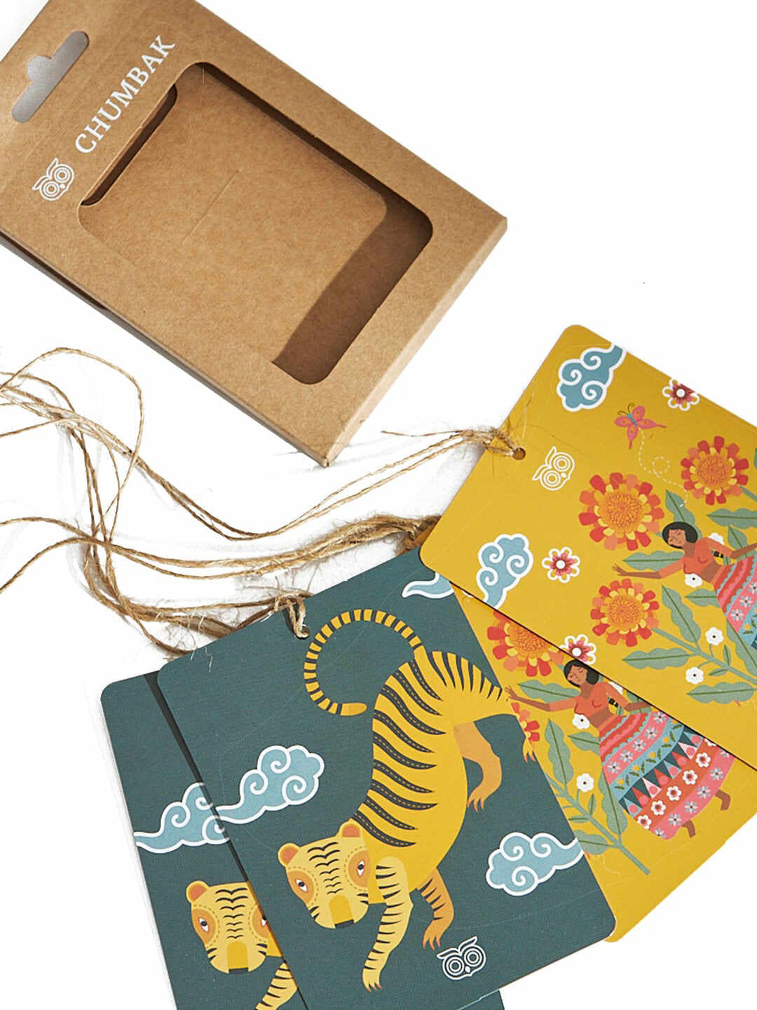 

Chumbak Marigold Set Of 4 Yellow & Teal Blue Printed Note Cards
