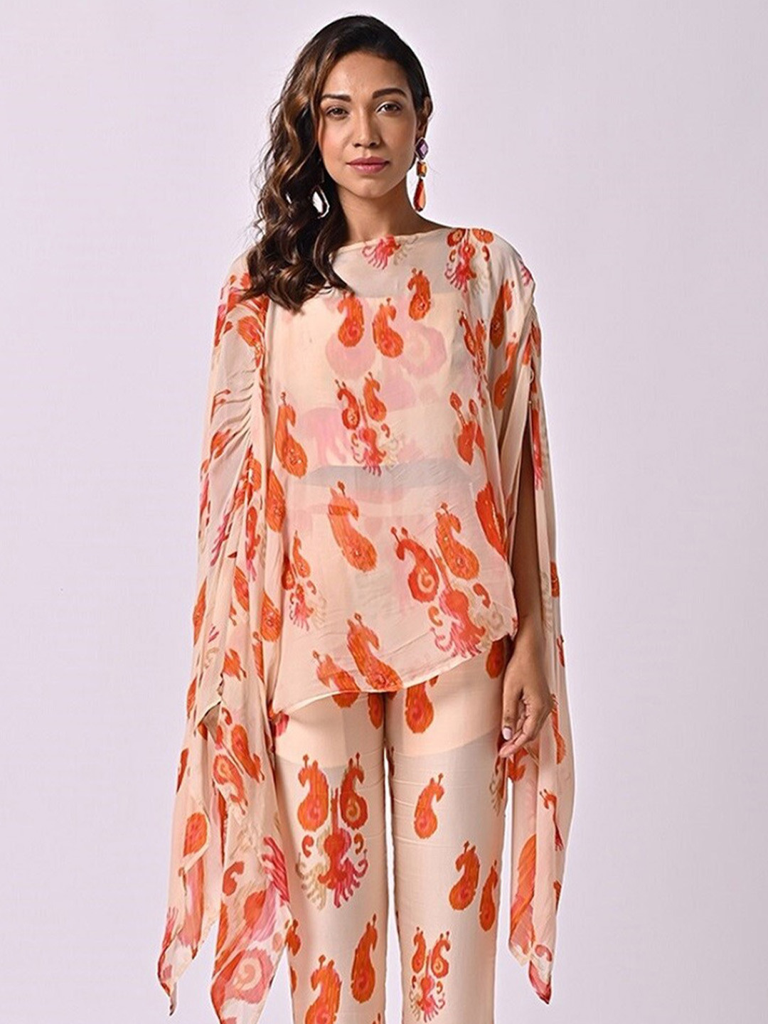 

MISSY Ethnic Motifs Printed Boat Neck Slit Sleeve Chiffon Regular Top, Peach
