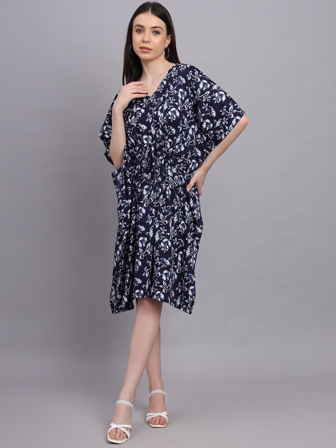 

BAESD Floral Printed Kimono Sleeves Crepe Kaftan Dress, Navy blue