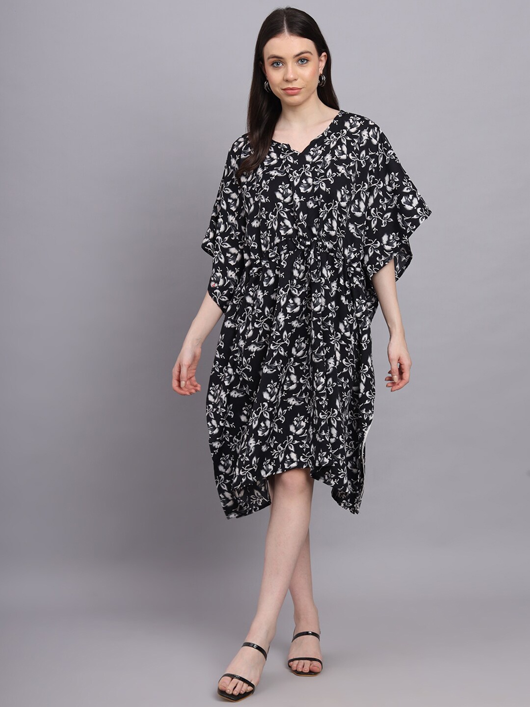 

BAESD Floral Printed Kimono Sleeves Crepe Kaftan Dress, Black