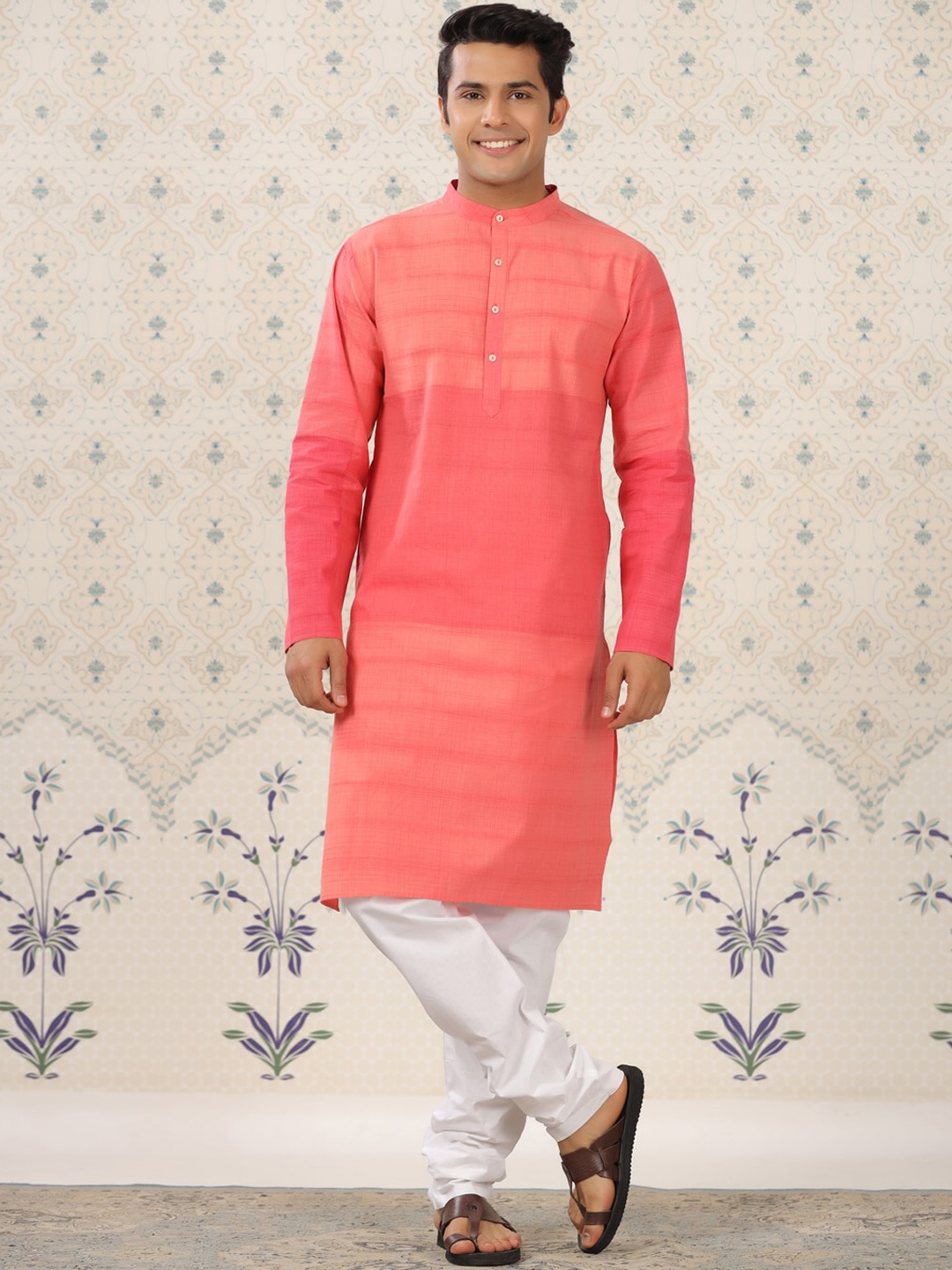 

Ode by House of Pataudi Striped Band Collar Straight Cotton Kurta, Coral