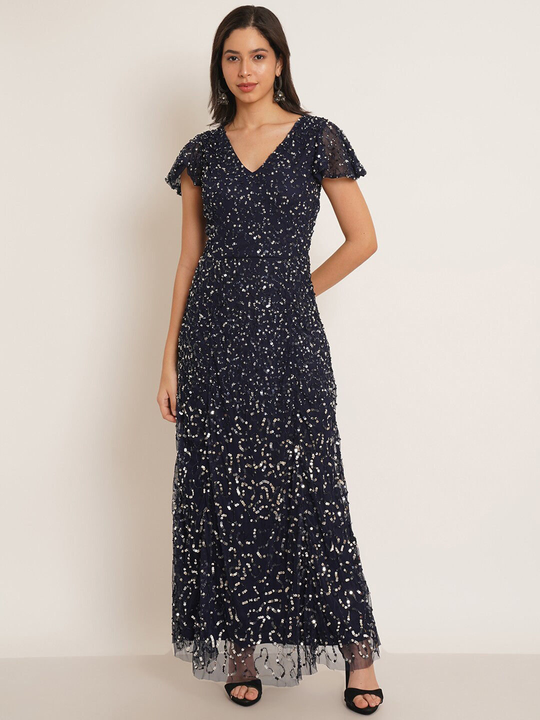 

IX IMPRESSION Embellished Flutter Sleeve Maxi Dress, Navy blue