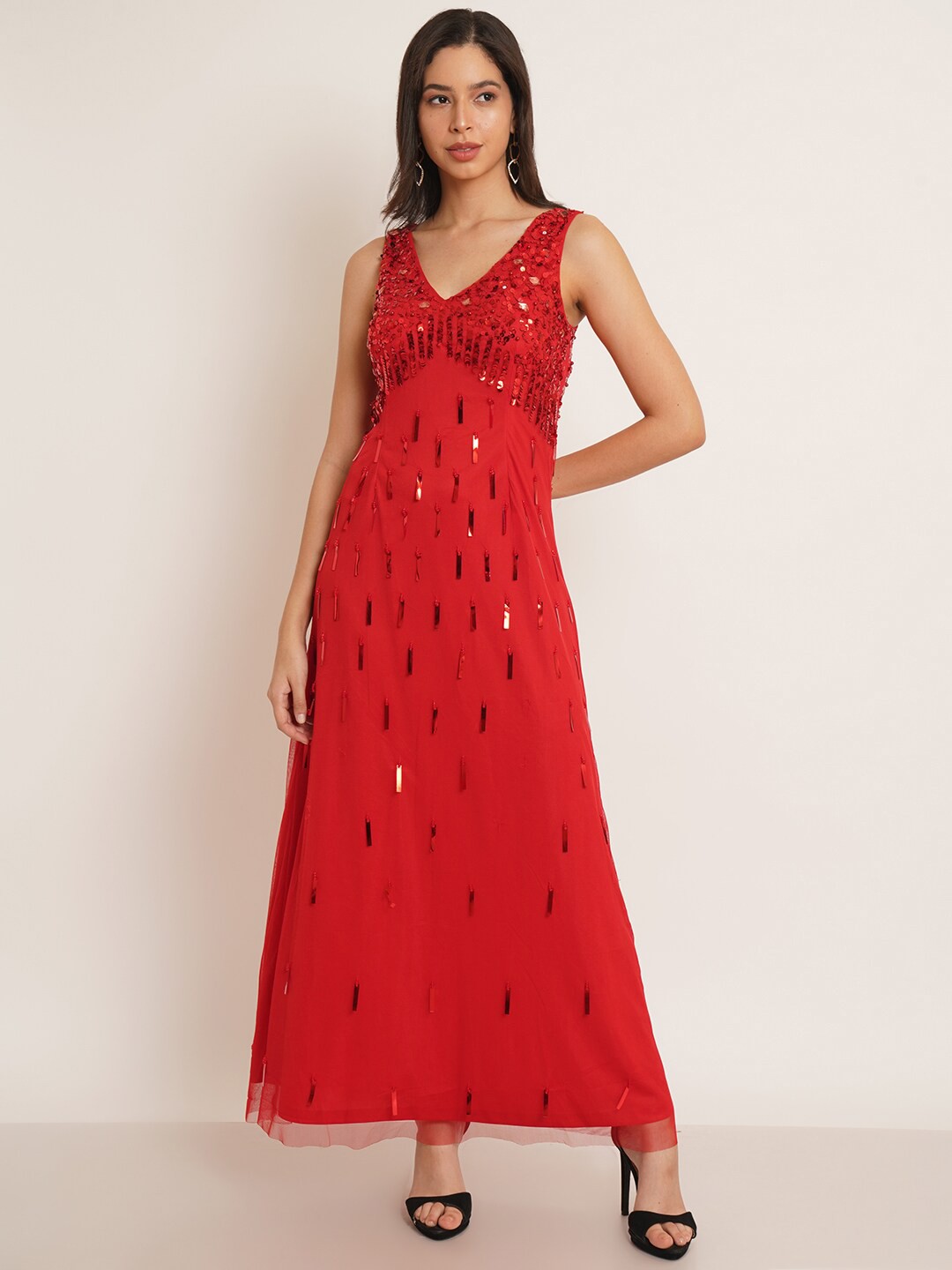 

IX IMPRESSION Embellished V-Neck Maxi Dress, Red