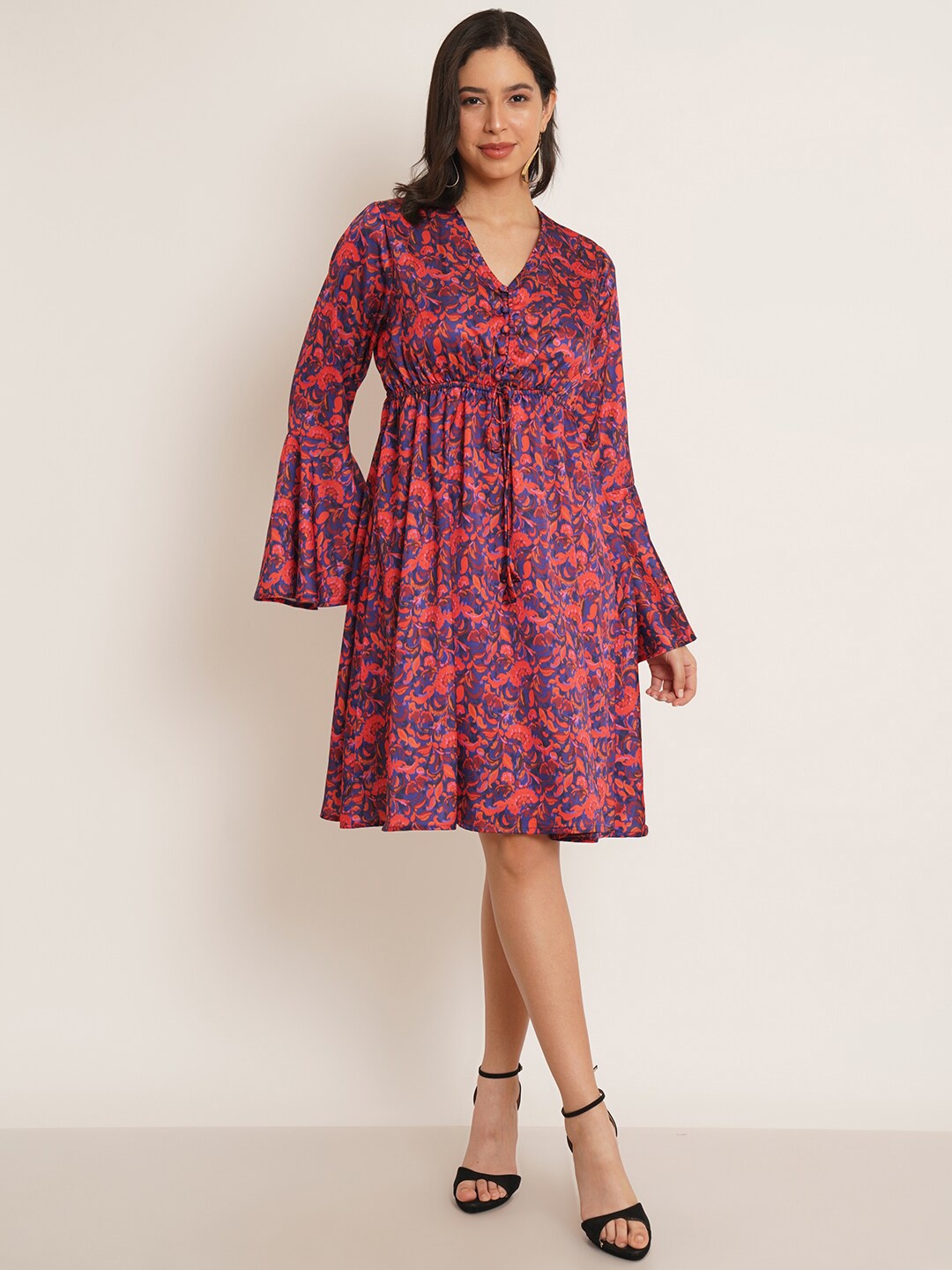 

IX IMPRESSION Ethnic Motif Printed Bell Sleeve Fit and Flare Satin Dress, Red