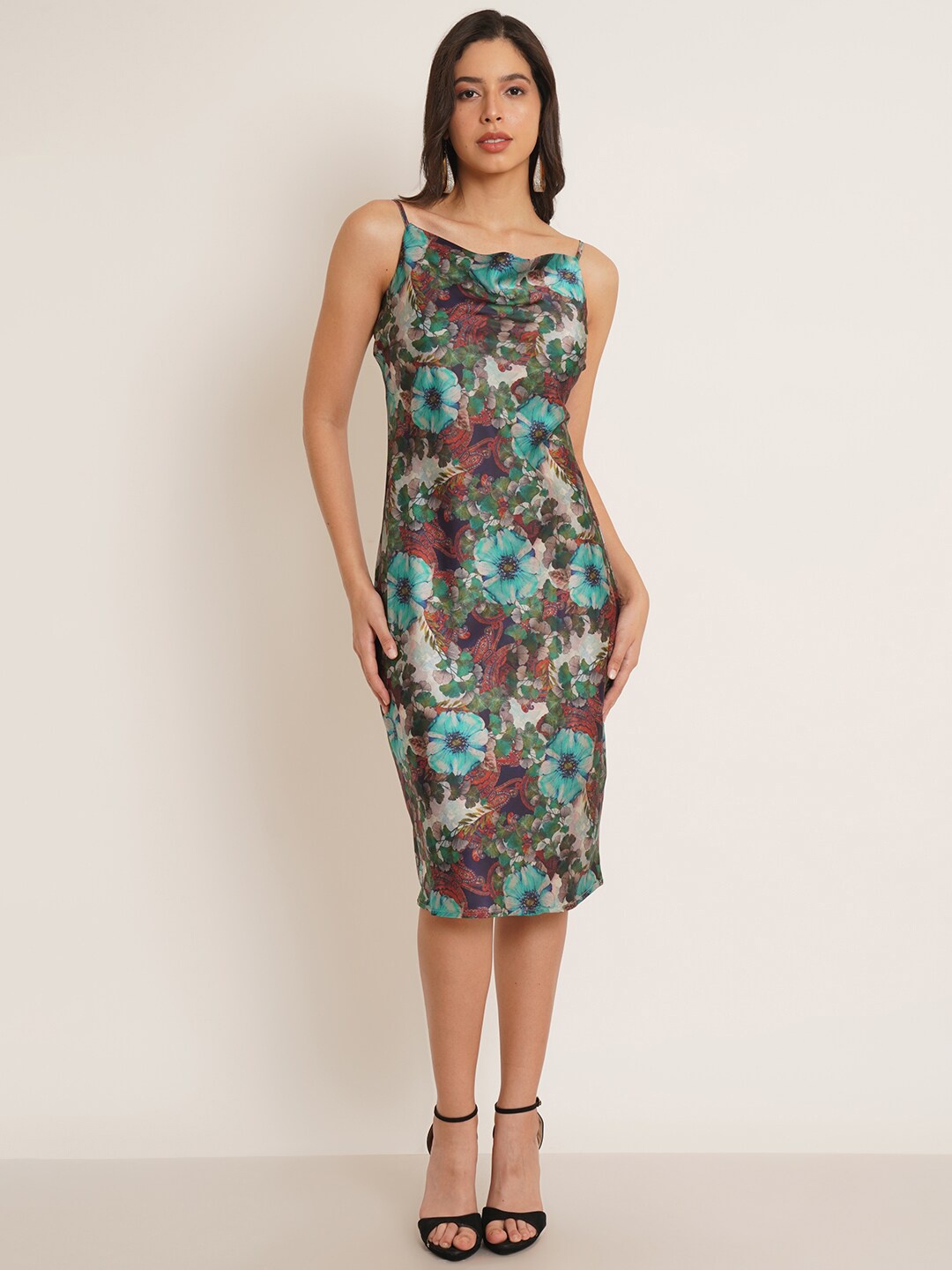 

IX IMPRESSION loral Printed Shoulder Straps Satin Sheath Dress, Green