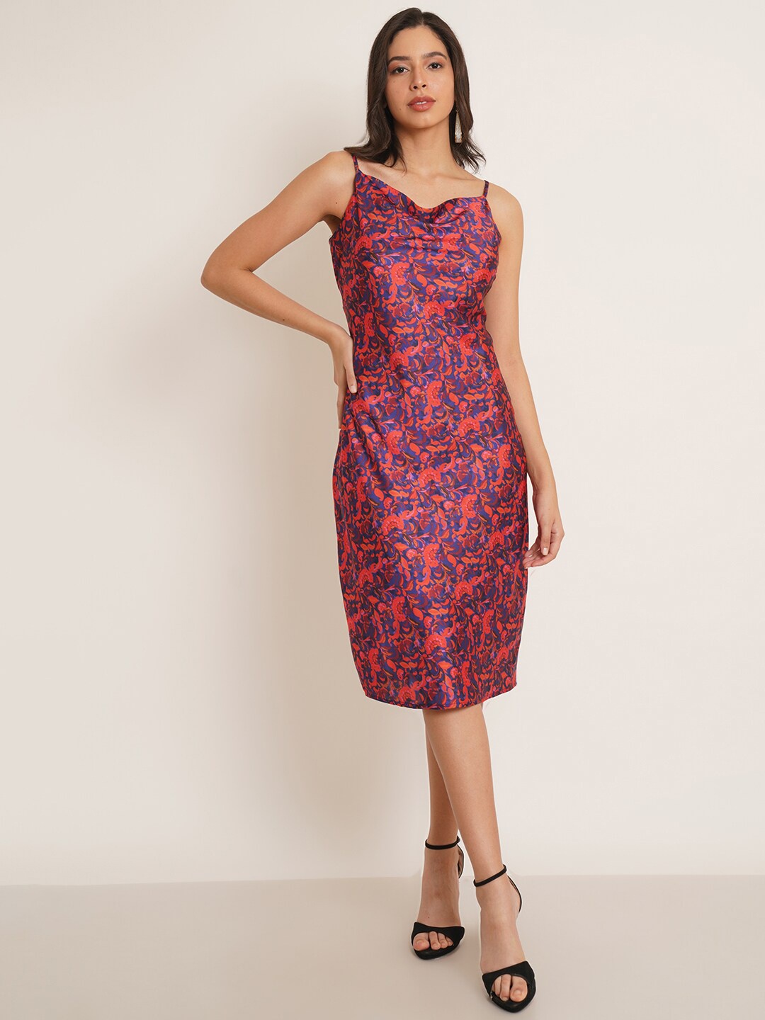 

IX IMPRESSION Ethnic Motif Printed Cowl Neck Satin Sheath Dress, Red